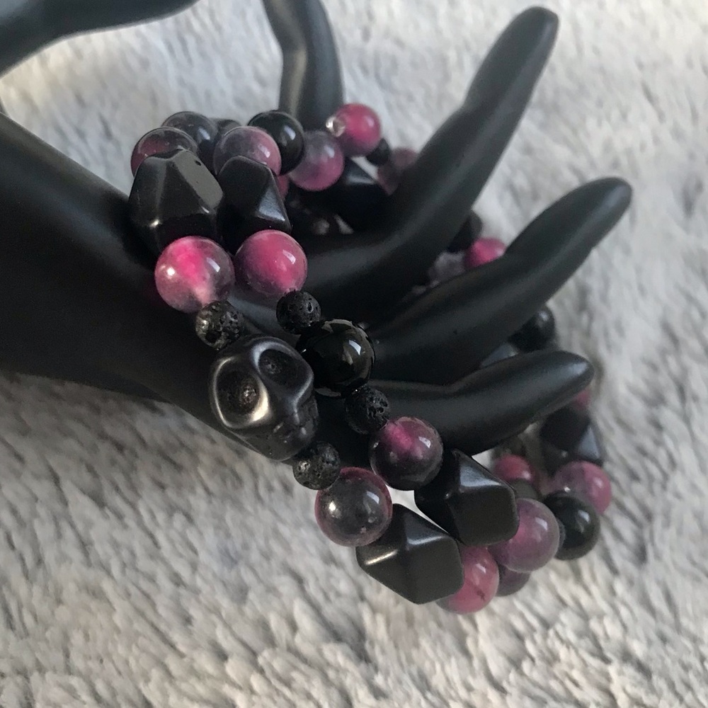 Black & Pink Skull Jasper & Jade Bracelet
